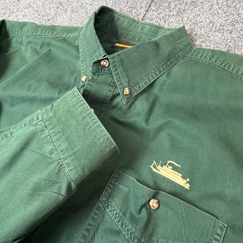 Peregrine Bay Mens Forest Green Button Down Shirt Embroidered Riverboat Logo 2XL
